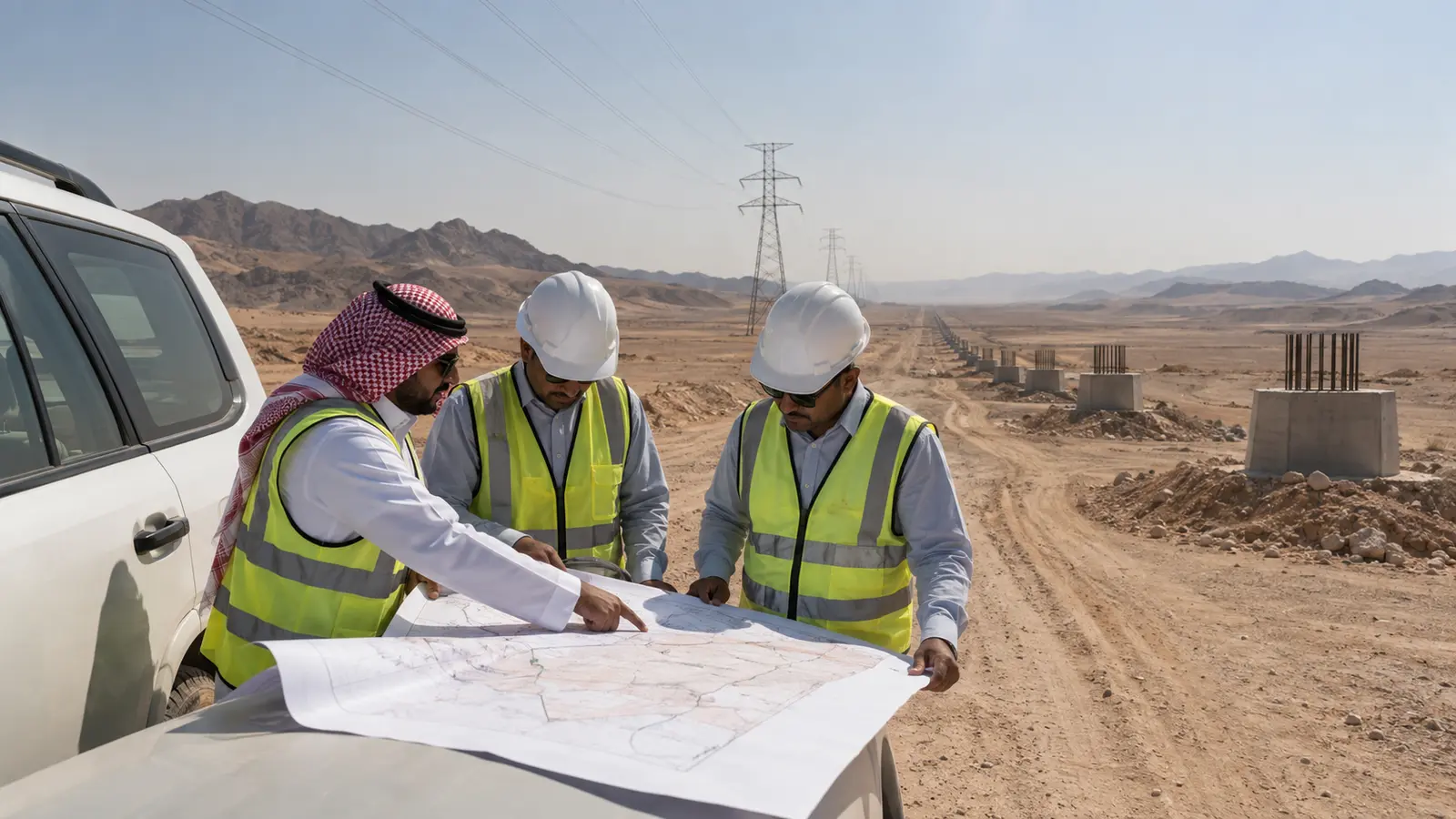 Transmission line project planning route access and construction coordination in Saudi Arabia